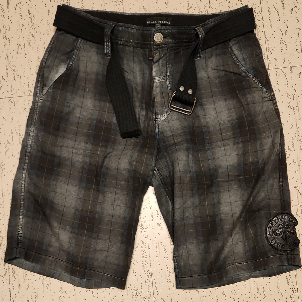 Affliction Flannel Embroidered Logo Casual Shorts With Belt Blue And Gray Tones